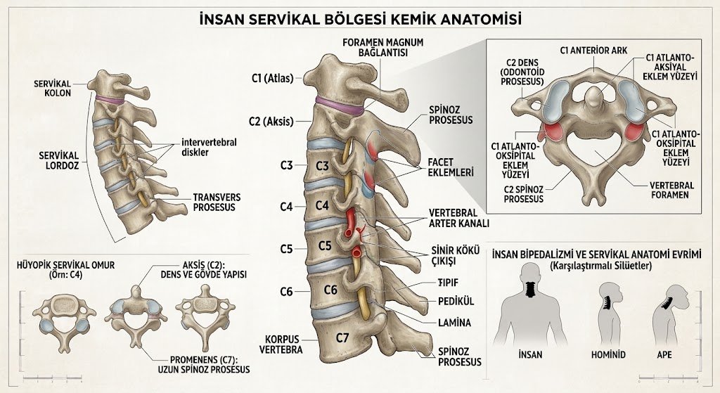 C1-C7 omurları, servikal lordoz, diskler, faset eklemler ve vertebral arter kanalını gösteren servikal omurga anatomisi
