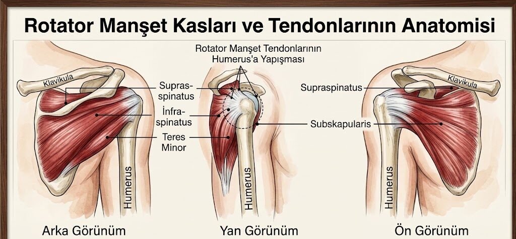 Supraspinatus, infraspinatus, teres minor ve subscapularis kaslarının humerusa tutunmasını gösteren rotator manşet anatomisi