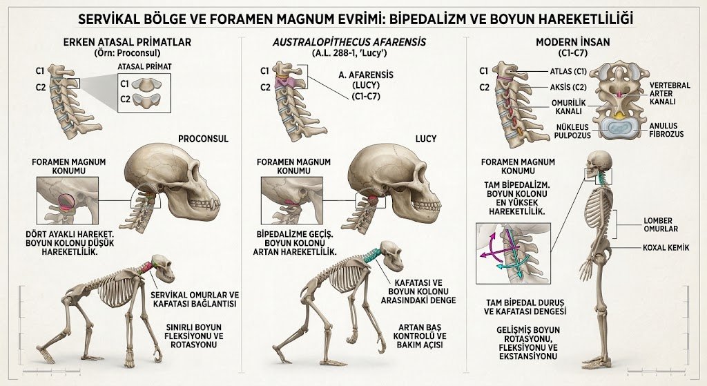 Erken primatlardan modern insana servikal omurga, foramen magnum ve boyun hareketliliğinin evrimi