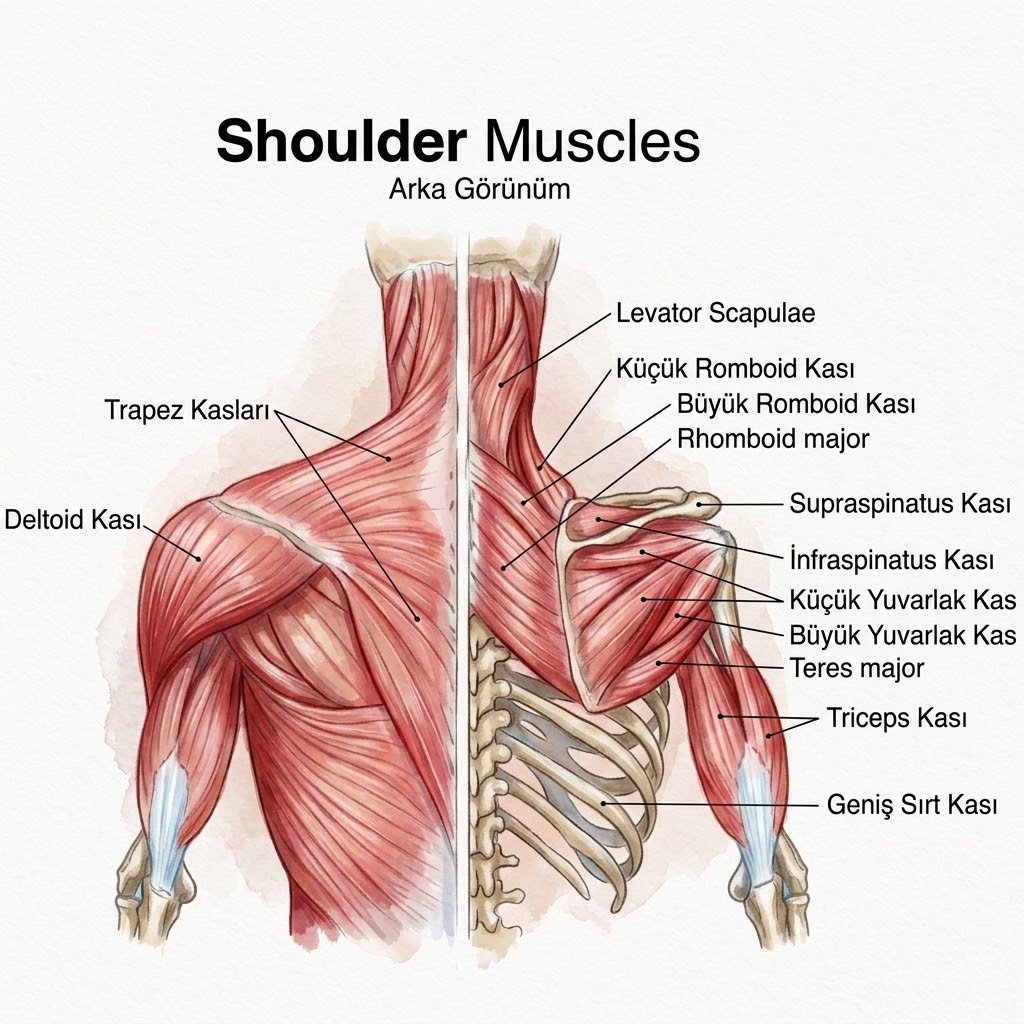 Trapez, deltoid, levator scapulae, romboidler, rotator manşet ve latissimus dorsi kaslarını gösteren arka omuz anatomisi
