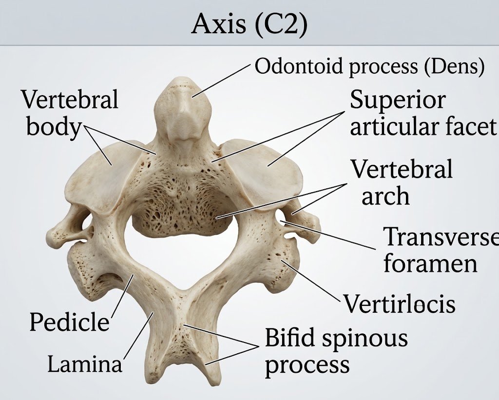 Dens, omur gövdesi, eklem yüzleri, transvers foramen ve spinöz çıkıntıyı gösteren aksis C2 anatomisi