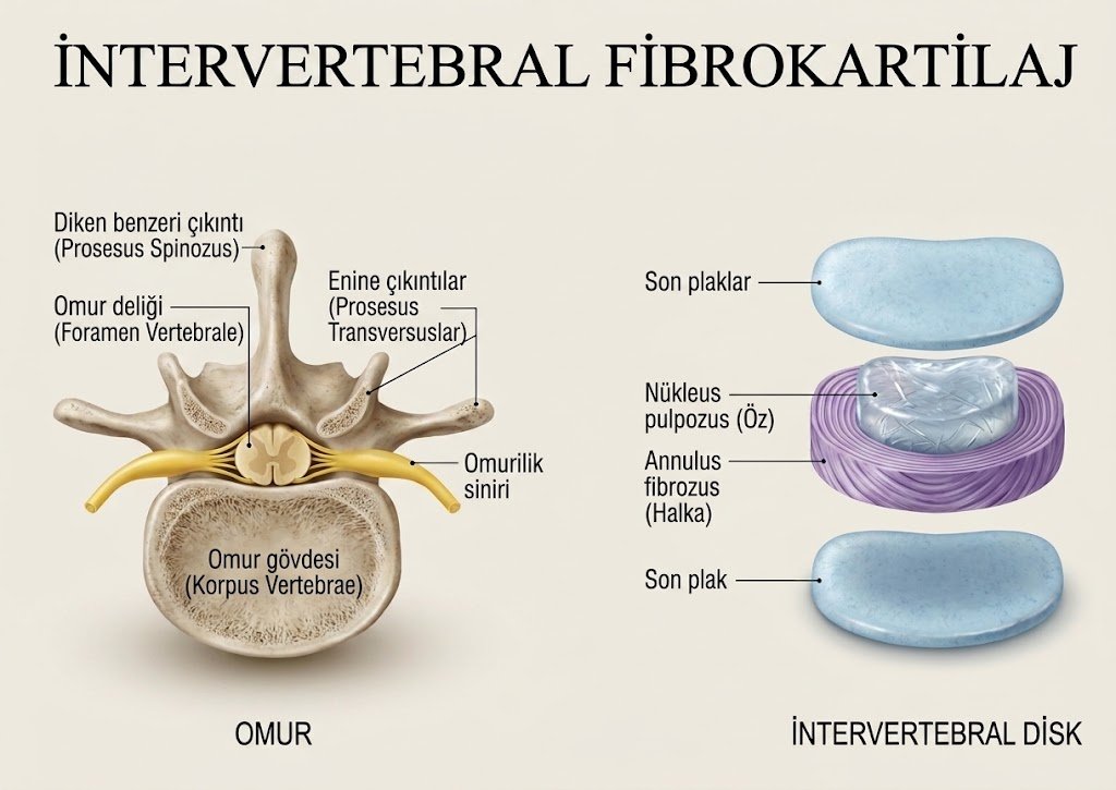 Nükleus pulpozus, annulus fibrozus ve son plakları gösteren intervertebral disk anatomisi