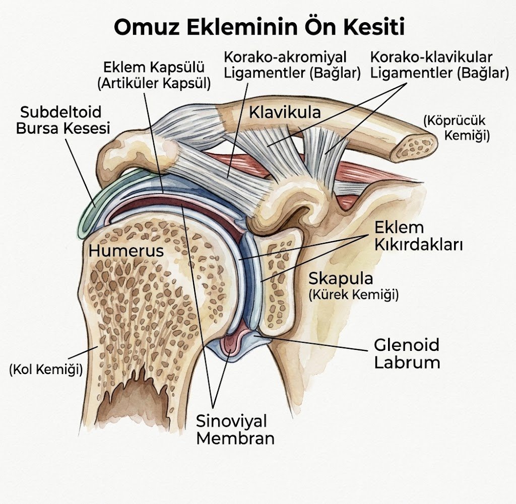 Humerus başı, glenoid, labrum, eklem kapsülü, bursa ve korakoakromiyal bağları gösteren omuz eklemi ön kesiti