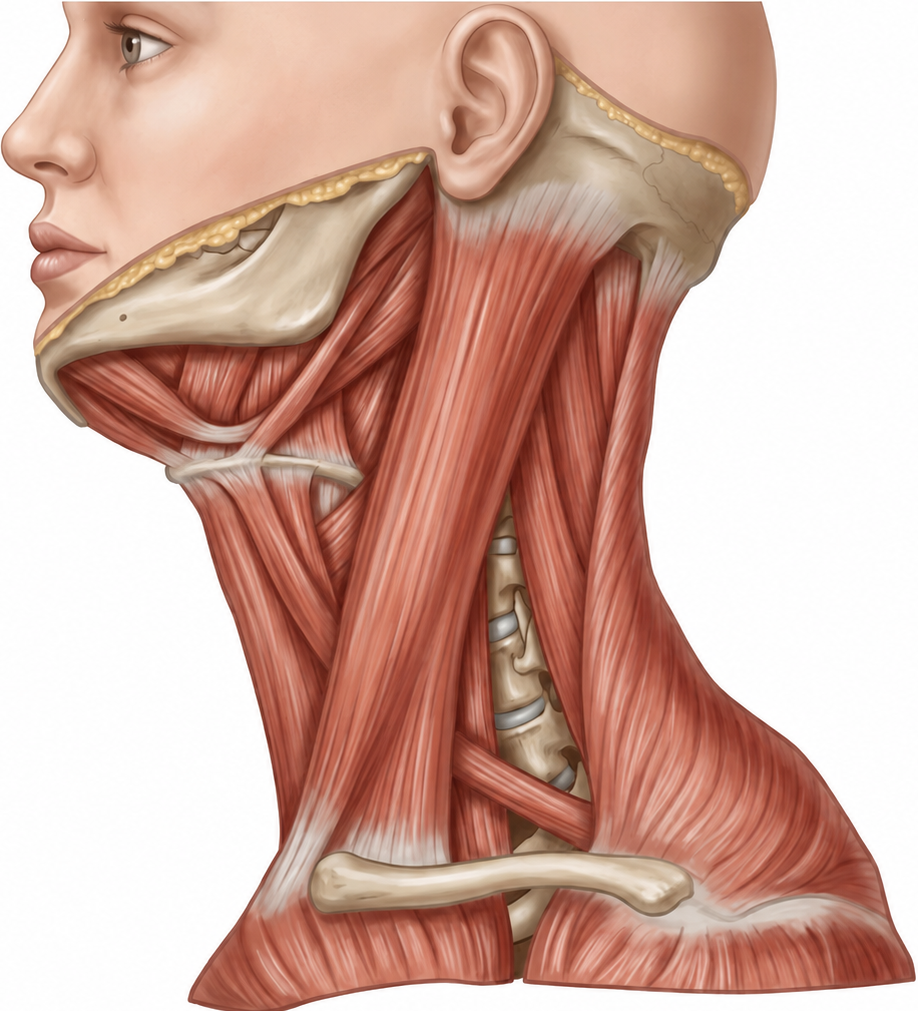 Sternokleidomastoid, trapez ve servikal kasları gösteren boyun kasları anatomisi
