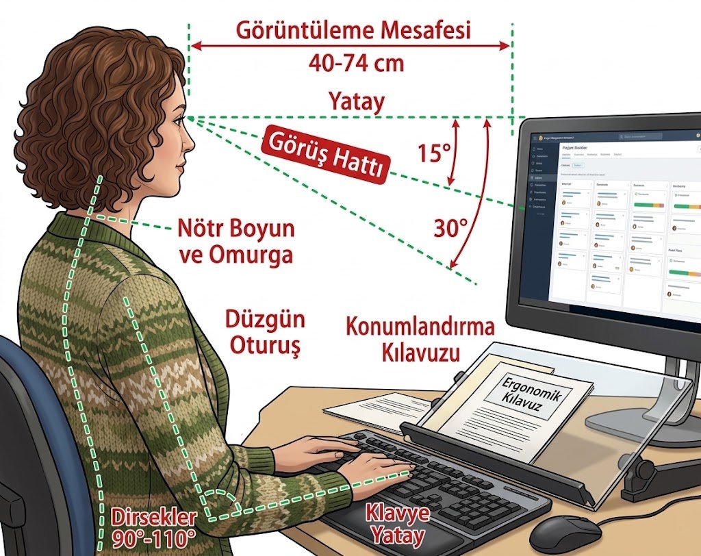 Bilgisayar ekran yüksekliği, görüş mesafesi, dirsek açısı ve nötr boyun pozisyonunu gösteren ergonomik çalışma düzeni