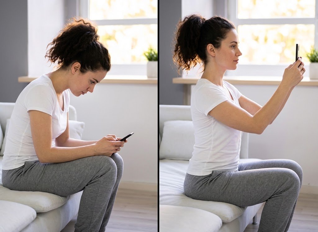 Cep telefonu kullanırken yanlış öne eğik boyun pozisyonu ile daha uygun telefon kullanım pozisyonunun karşılaştırılması