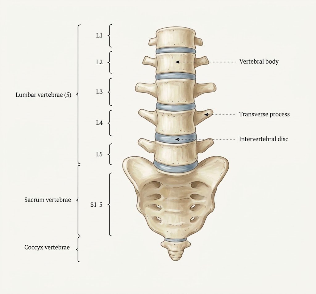 L1-L5 lomber omurlar, intervertebral diskler, sakrum ve koksiksi gösteren lomber omurga anatomisi