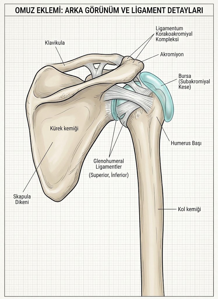 Skapula, humerus başı, subakromiyal bursa ve glenohumeral bağları gösteren omuz ekleminin arka görünümü