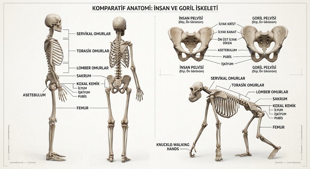 İnsan ve goril iskeletinde omurga, pelvis ve iki ayaklı duruş farklarını gösteren karşılaştırmalı anatomi