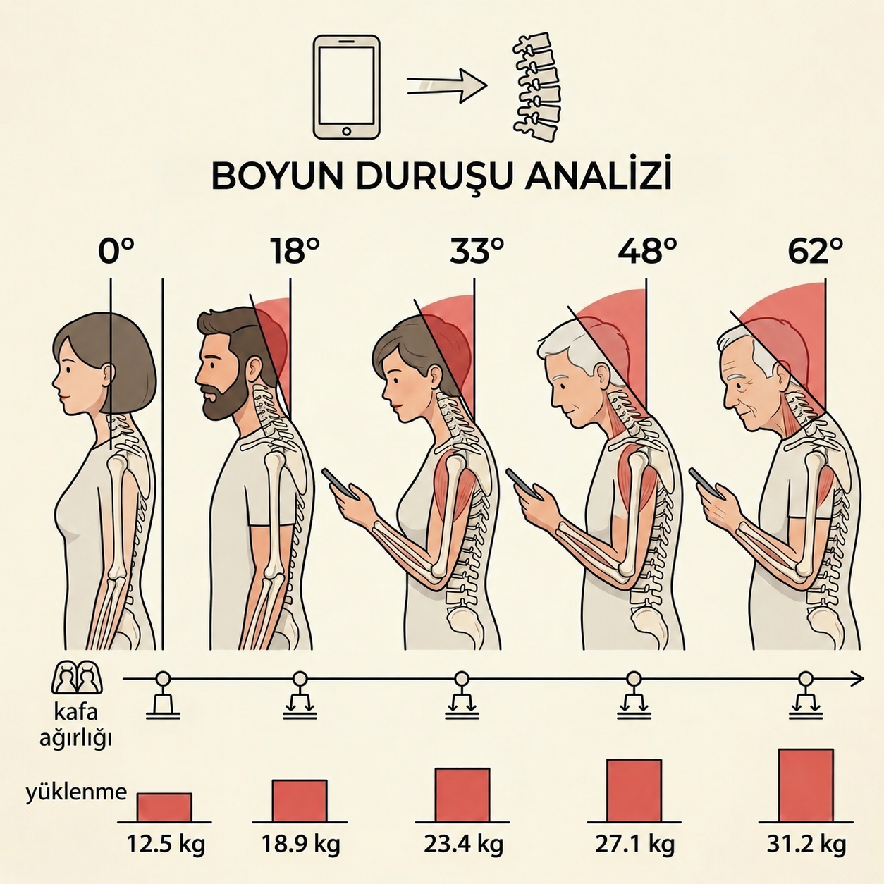 Boyun öne eğilme açısı arttıkça servikal omurga ve boyun kaslarındaki mekanik yükün artışını gösteren şema