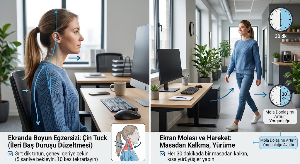 Ekran başında çene geriye çekme egzersizi ve her 30 dakikada masa başından kalkarak yürüme önerisi