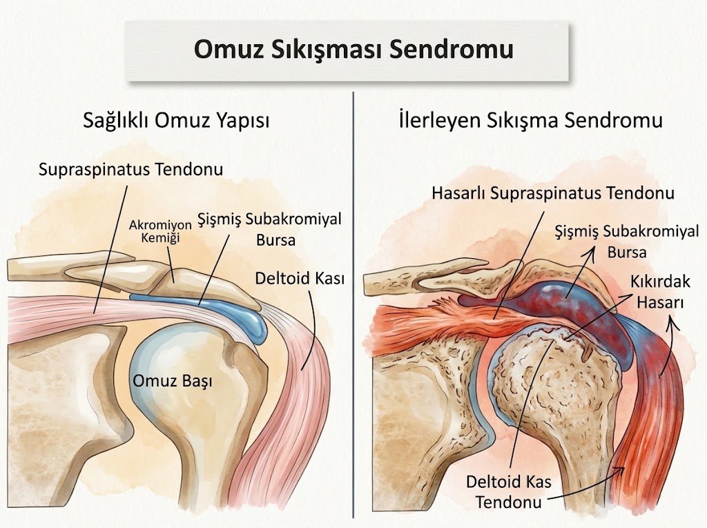 Sağlıklı omuz ile supraspinatus tendonu ve subakromiyal bursanın etkilendiği omuz sıkışması tablosunun karşılaştırması