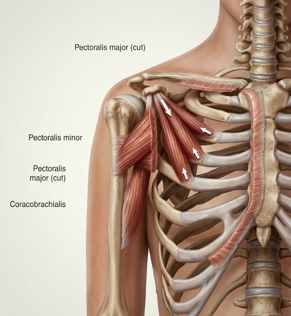 Pectoralis minor kasının kaburgalar ile kürek kemiğinin korakoid çıkıntısı arasındaki anatomik yerleşimi
