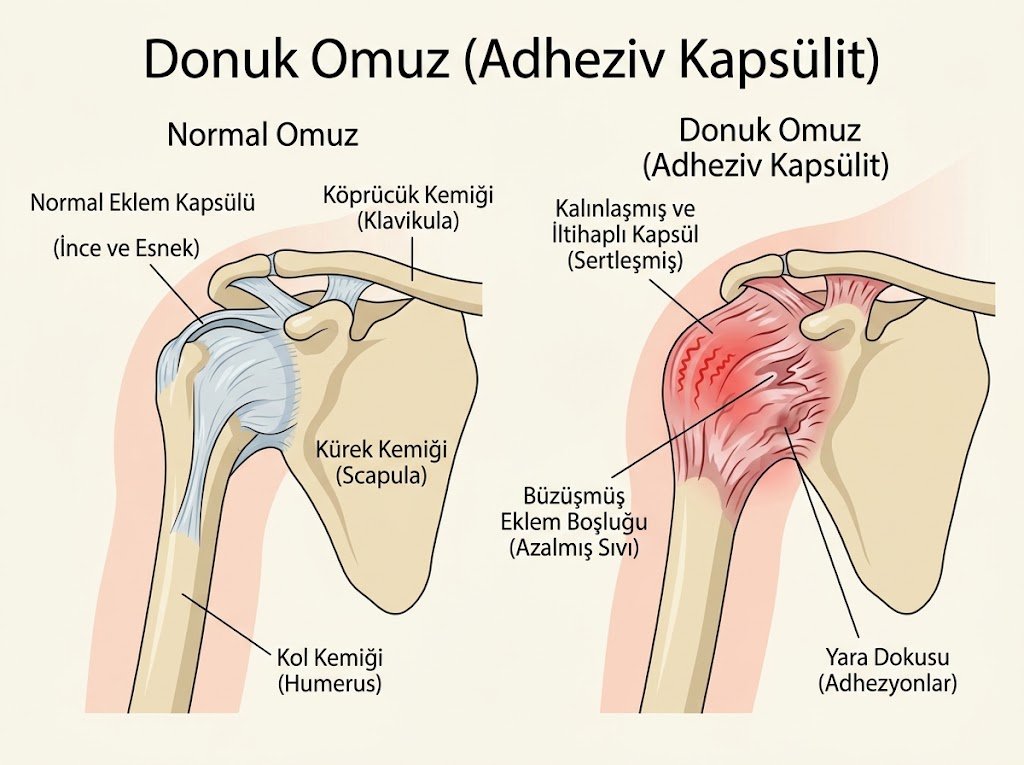 Donuk omuz (adeziv kapsülit): normal omuz eklem kapsülü ile kalınlaşmış ve büzüşmüş kapsülün karşılaştırması