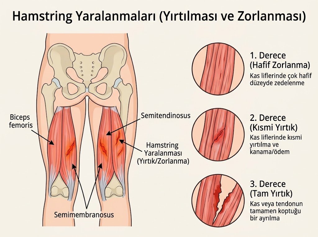 Hamstring yaralanmaları: biceps femoris, semitendinosus ve semimembranosus kasları ile 1., 2. ve 3. derece yaralanmalar
