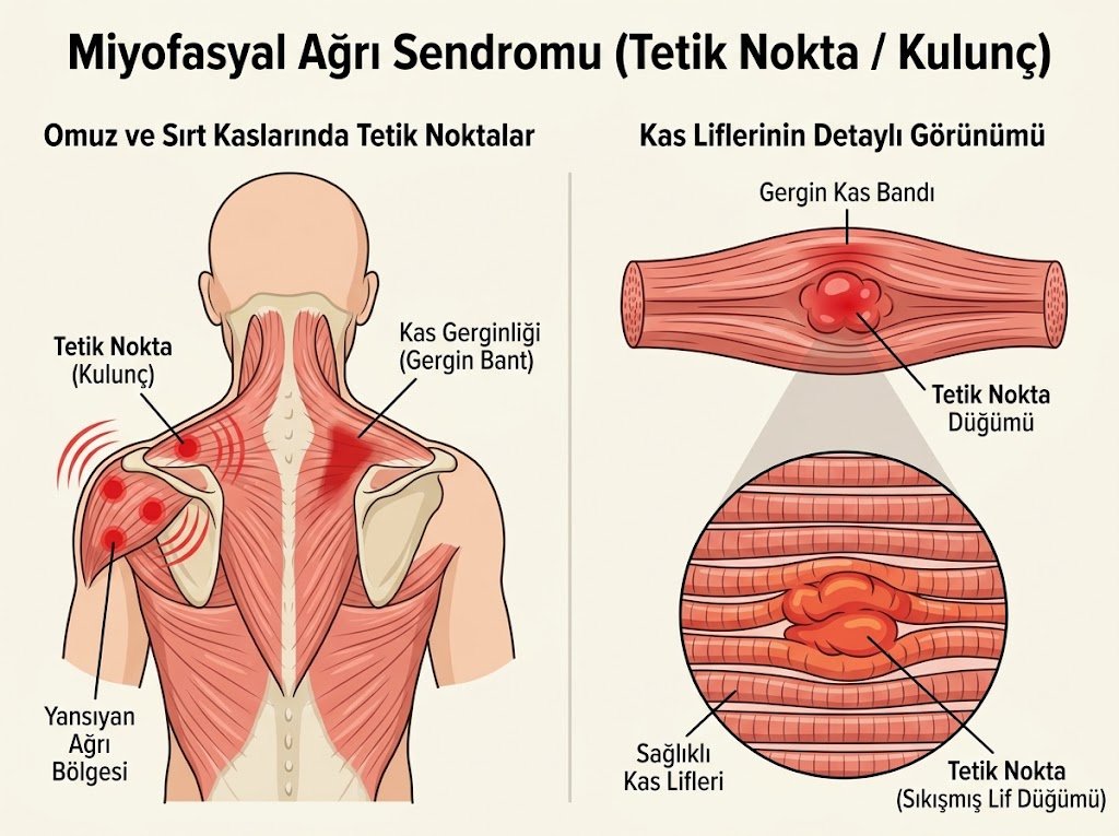 Miyofasyal ağrı sendromu: omuz ve sırt kaslarında tetik noktalar, gergin bant ve yansıyan ağrı bölgesi