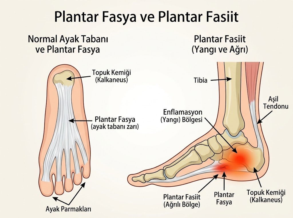 Plantar fasya ve plantar fasiit: ayak tabanındaki plantar fasya ve kalkaneusa yapışma yerindeki ağrılı bölge